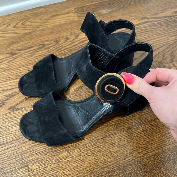 Prada Suede Heeled Sandals with Button Buckle - Picture 2 of 8